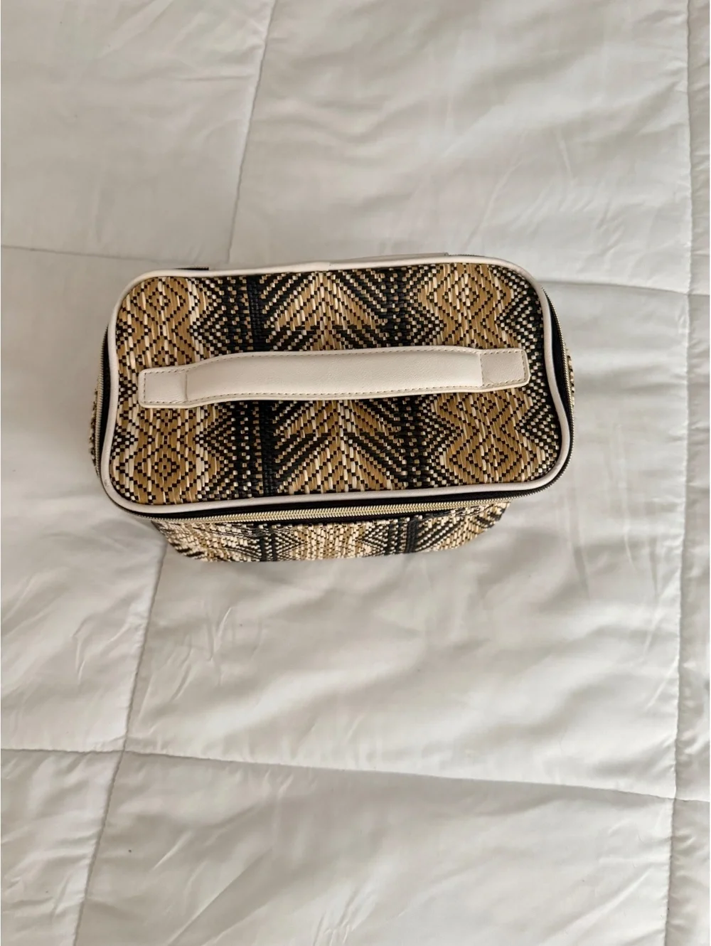 Woven Patterned Cosmetic or Toiletry Bag with White Handle
